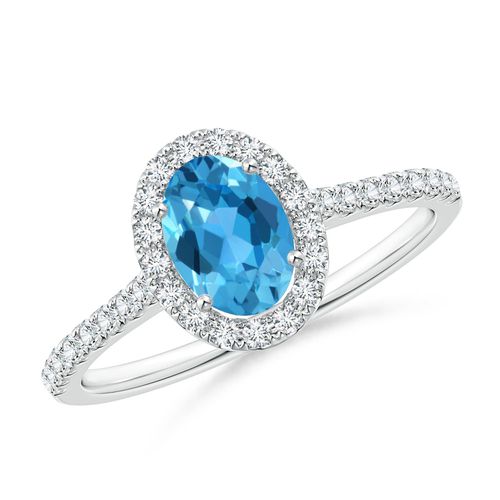Angara 0.95 Carat Prong-Set Oval Swiss Blue Topaz Halo Ring with Diamond Accents in Platinum