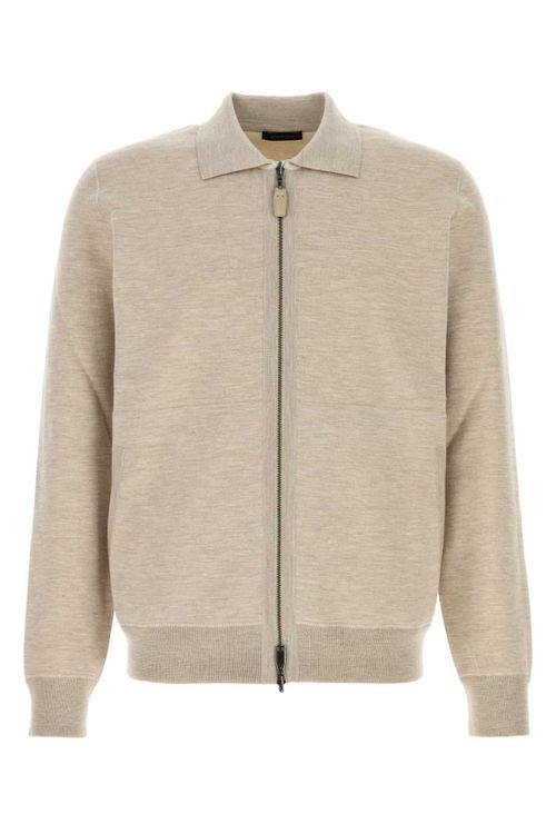 Full-Zip Wool-Blend Cardigan — Beige