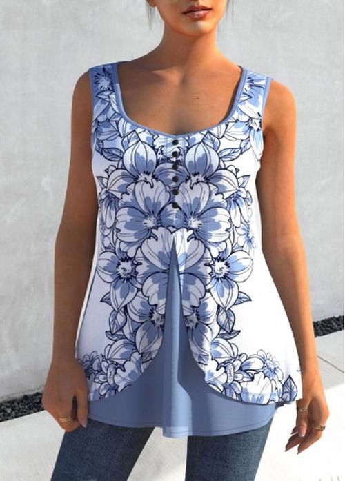 Modlily Dusty Blue Faux Two Piece Floral Print Tank Top