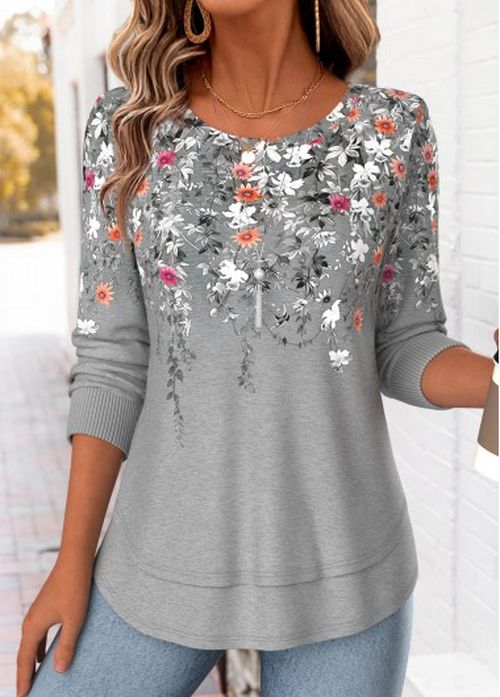 Modlily Light Grey Marl Floral Print Fake 2in1 T Shirt