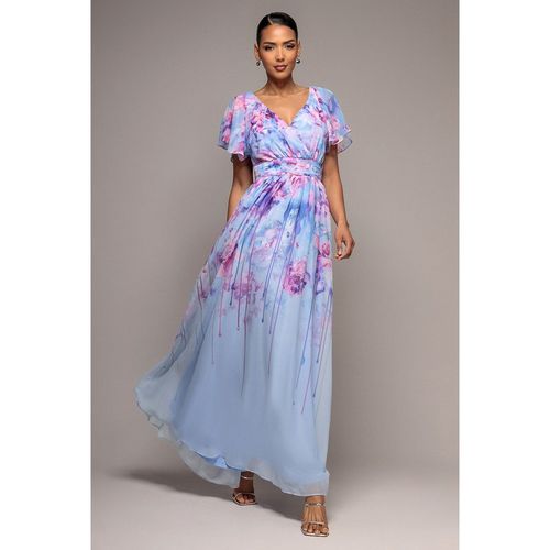 Goddiva Printed Silky Chiffon Flutter Sleeve Maxi Dress - Blue