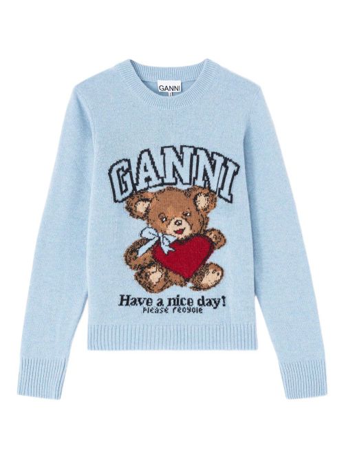 Teddy Bear Graphic Wool Sweater — Light Blue
