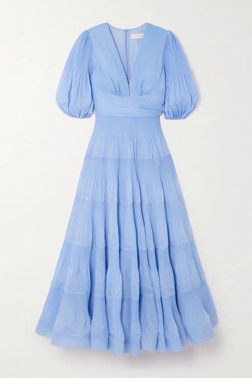 Tiered Plissé-taffeta Midi Dress - Blue