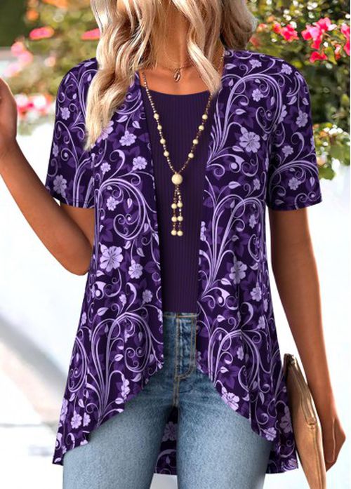 Modlily Purple Floral Print Short Sleeve Fake Two Piece Twinset
