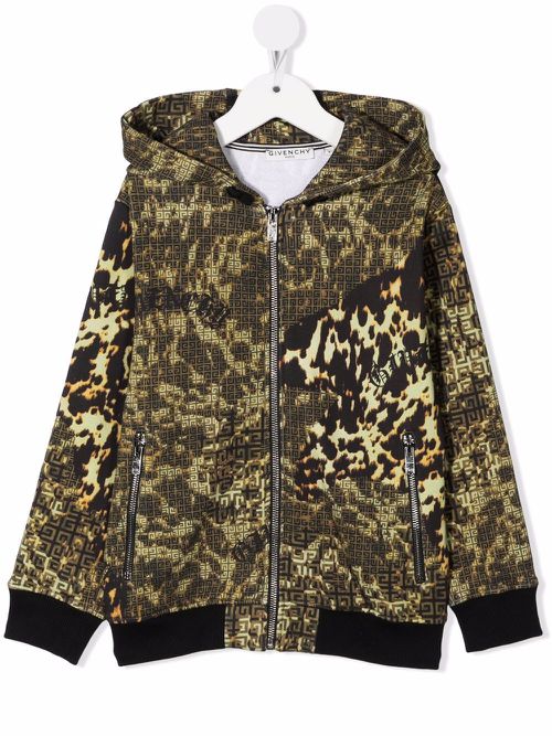 Leopard print hooded track jacket - Green