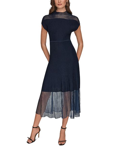 Sheer Panel Mock Neck Midi Sweater Dress