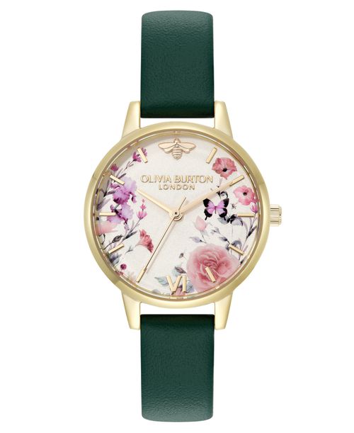 Women's Illustrated Floral Green Calfskin Leather Strap Watch, 30mm - Green