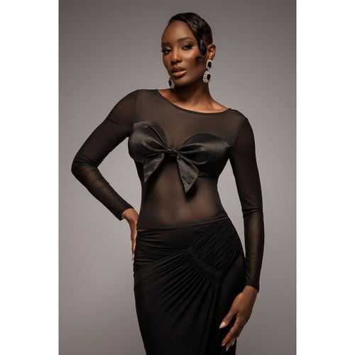 Goddiva Long Sleeve Mesh Sleeveless Taffeta Bow Top - Black