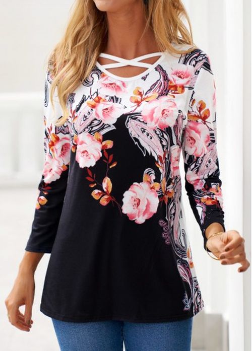 Modlily Black Criss Cross Floral Print T Shirt