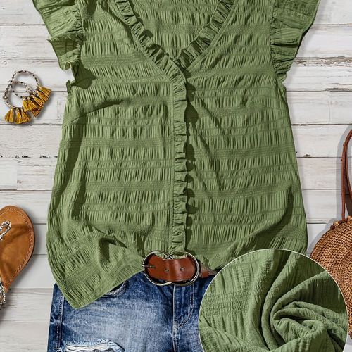 TEMU Plus - Plus - Plus Women's Casual Elegant V-neck Blouse - Solid Color Short Sleeve Shirt With Detail, Button Front & Chest