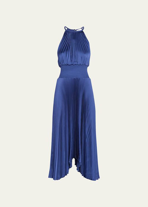 Renzo II Satin Pleated High-Neck Midi Dress