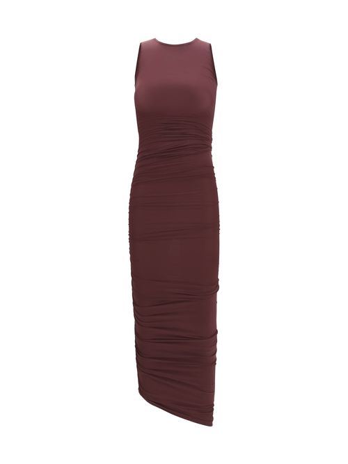 Asymmetric Semi-Sheer Midi Dress — Purple