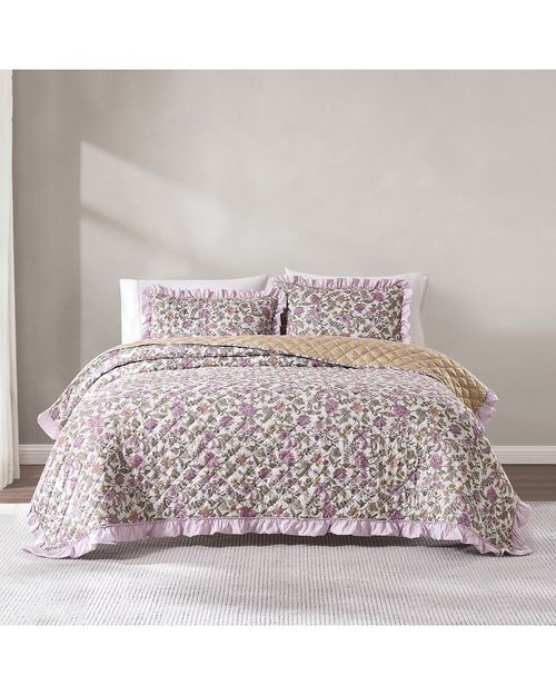 Lola Block Print Ruffle Reversible Floral Quilt Set