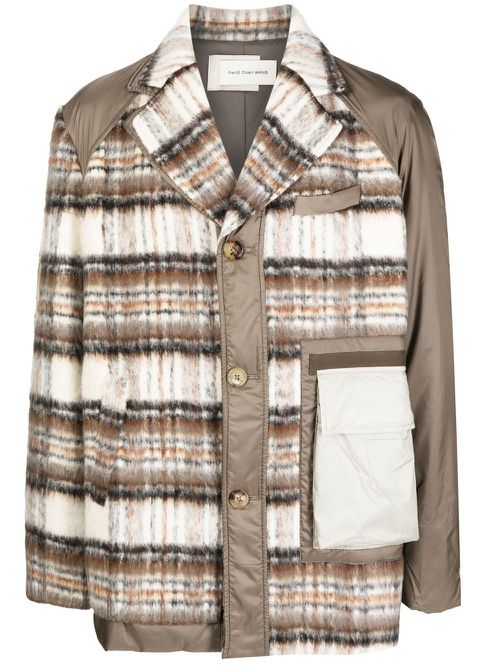 Plaid panelled button-up coat - Brown