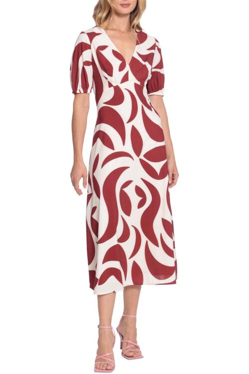 Geo Print Open Back A-Line Midi Dress In Ivory Terracota