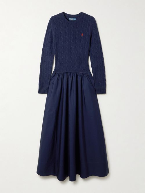 Embroidered Cable-knit Wool-blend And Cotton-poplin Maxi Dress - Blue