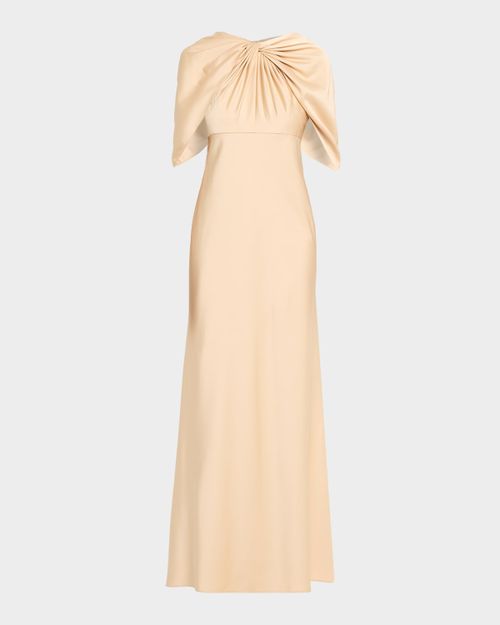 Twist-Front Satin Cape Gown