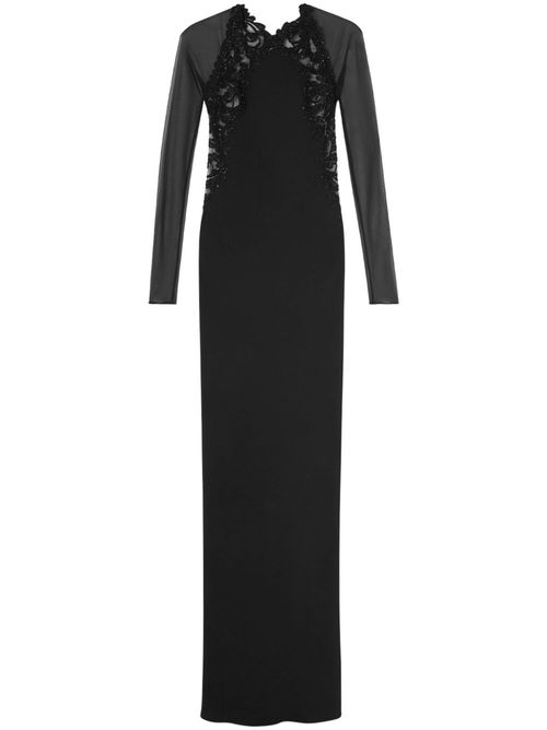 Barocco-lace trim silk gown dress - Black