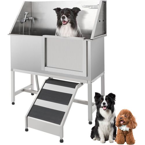 Garvee 50" Professional Stainless Steel Dog Washing Station – Dog Bathtub with Ramp, Non-Slip Grate, Right Ramp & Sliding Door for Grooming Salons and Home Use