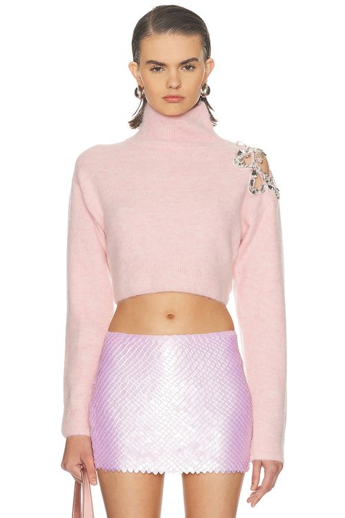 AREA Flower Cropped Turtleneck Sweater in Baby Pink. XS also in L