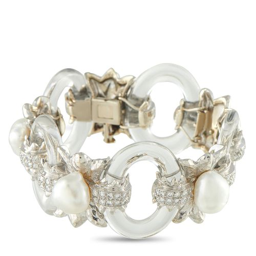 18K White Gold and Platinum Rock Crystal and Pearl Bracelet DW26-111925