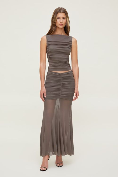 Ruched Mesh Maxi Skirt - Brown - Women Clothing