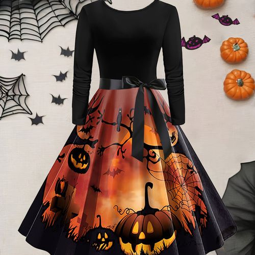 TEMU Plus - Plus Vintage Halloween Dress With Pumpkin & Skull Print, High Waist Long Sleeve A-line Skirt, Stretchy Polyester Blend, Black