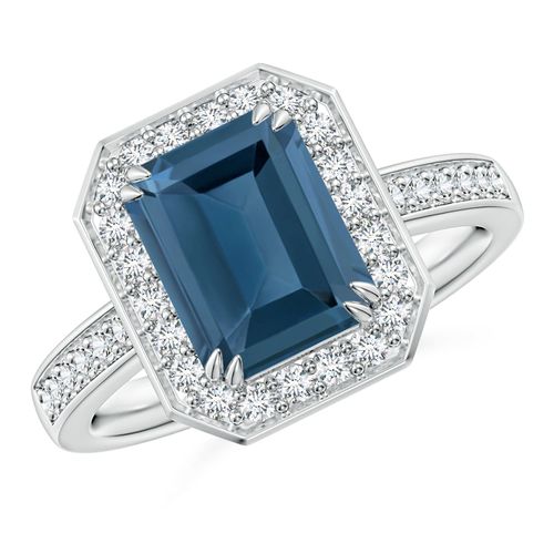 Angara 2.75 Carats Emerald-Cut London Blue Topaz Engagement Ring with Halo in Platinum