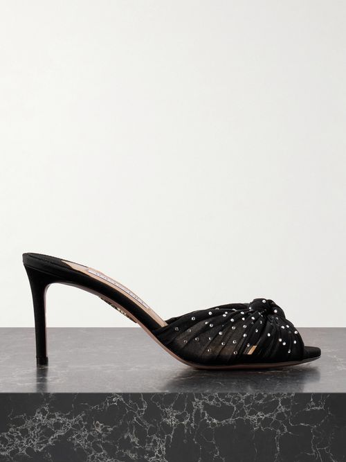 Slow Kisses 75 Crystal-embellished Knotted Silk-satin And Chiffon Mules - Black