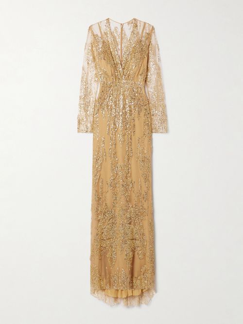Wrap-effect Embellished Tulle Gown - Gold