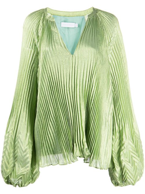Silk-blend V-neck pleated top - Green