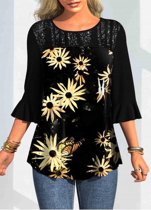 Modlily Three Quarters Sleeve Round Neck Floral Print T Shirt
