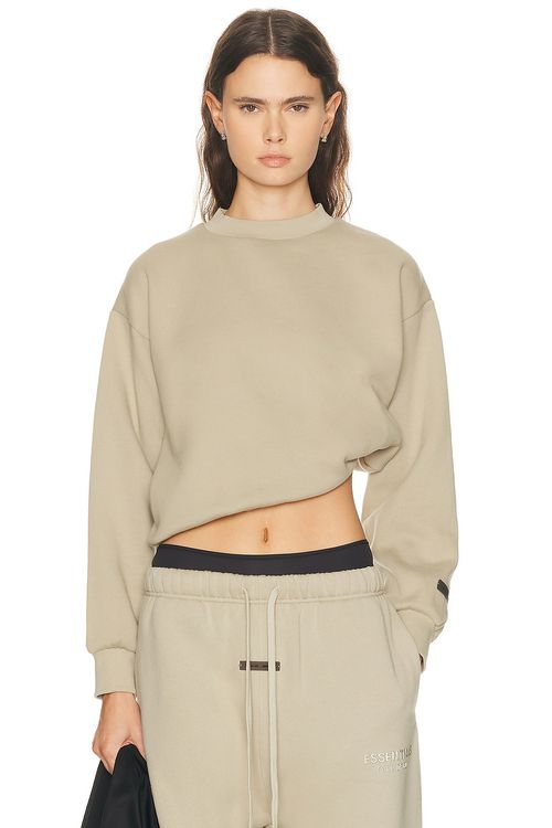 Fear of God ESSENTIALS Fleece Classic Fit Crewneck in Abbey Stone - Beige. XXS also in XS, S