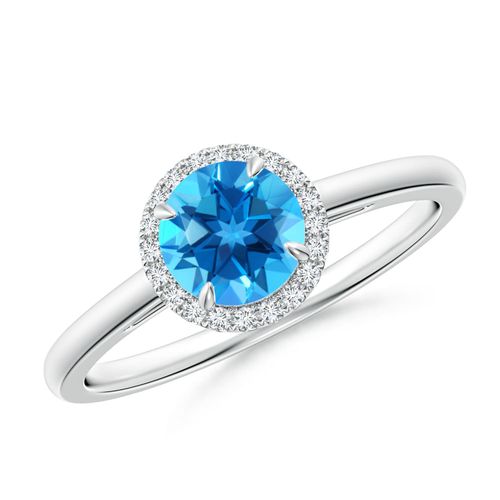 Angara 0.95 Carat Round Swiss Blue Topaz Cathedral Ring with Diamond Halo in Platinum