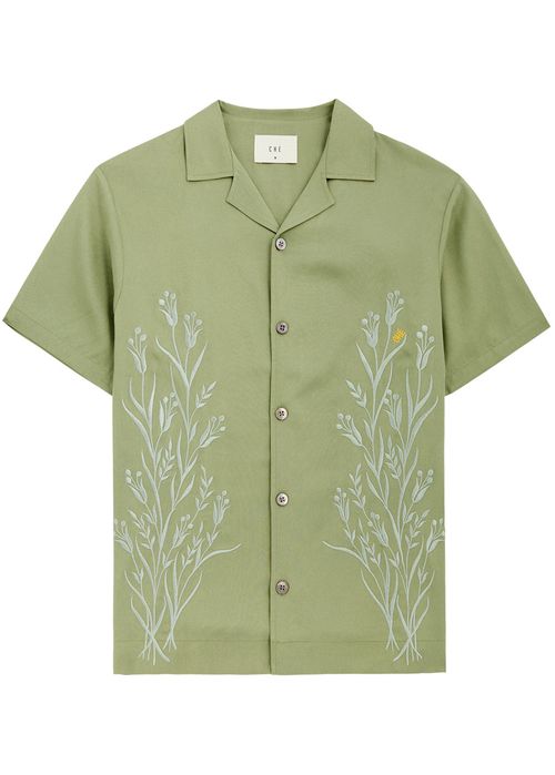 Cedar Floral-embroidered Twill Shirt - Sage - S