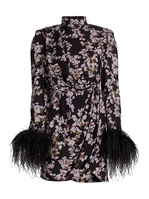 Women's Nadine Floral Feather-Cuff Minidress - Black Multi