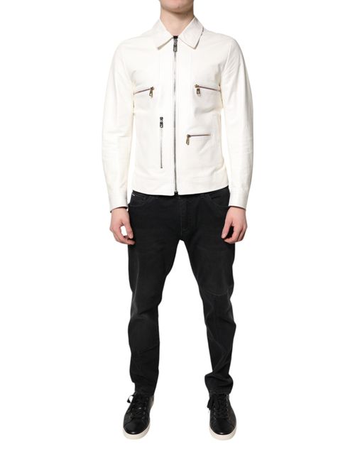 Sheep Leather Full-Zip Biker Jacket — White
