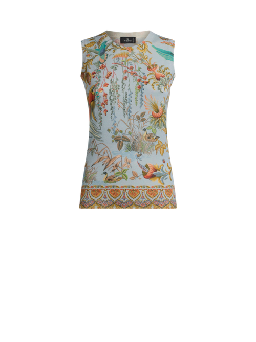Silk And Cashmere Top With Flora And Fauna Motif