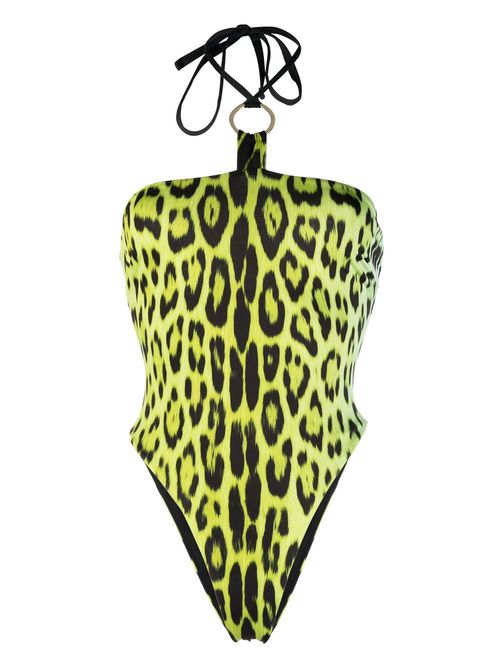 Leopard print halterneck swimsuit - Yellow