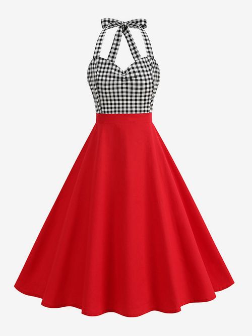 Vintage Chic Red Gingham Halter Maxi Dre