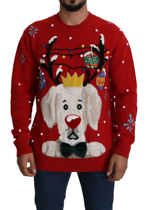 Christmas Dog-Embellished Cashmere Sweater — Red