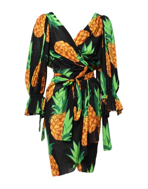 Pineapple Print Silk Wrap Dress — Black