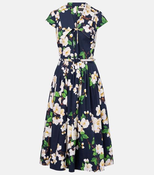 Floral pleated cotton-blend midi dress