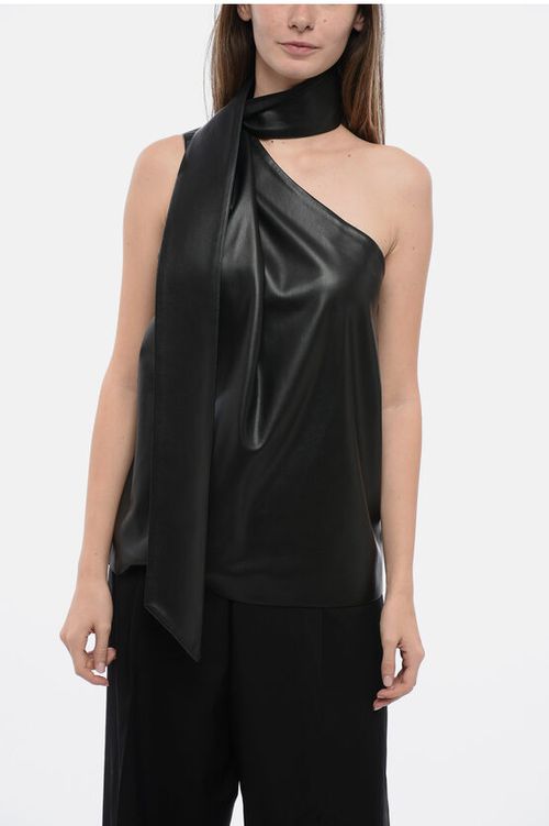 Eco-Leather One-Shoulder Top with Drapped Scarf