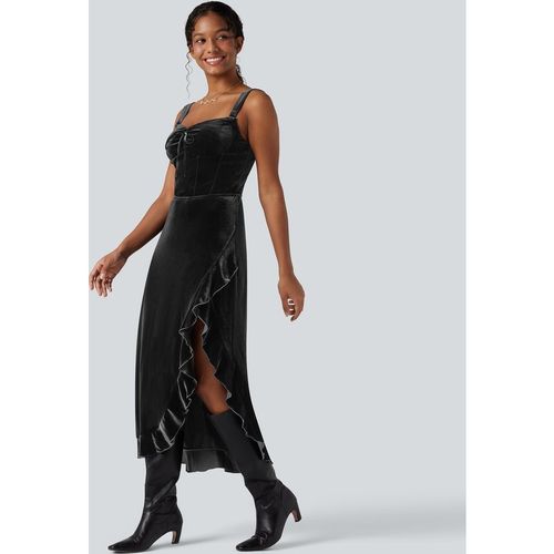 Halara Queen Anne Neck Bow Front Ruffle Hem Velvet Midi Dress - Black
