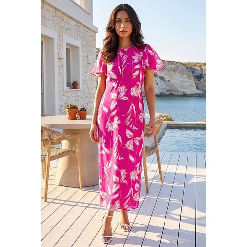 Roman Women's Floral Print Flutter Sleeve Midi Dress in Magenta