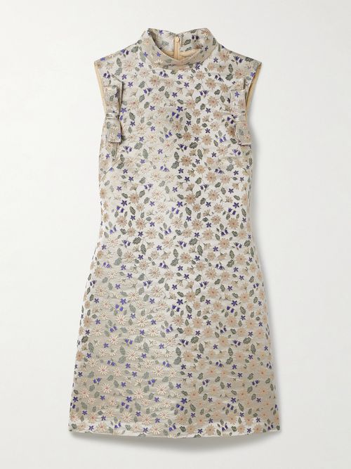 Bow-embellished Floral-brocade Mini Dress - Cream