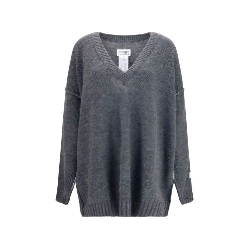 Oversized Wool-Blend V-Neck Sweater — Gray