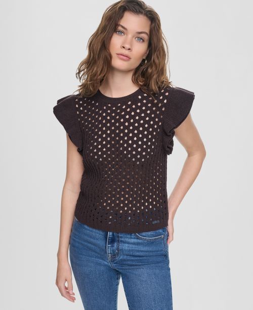 Women's Baby Chenille Pointelle Rib Flutter-Sleeve Sweater - Espresso