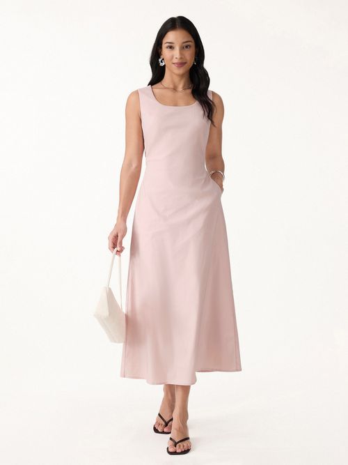 Wrinkle-Resistant Linen Blend U-Neck Maxi Dress with Pockets - Tea Rose Pink